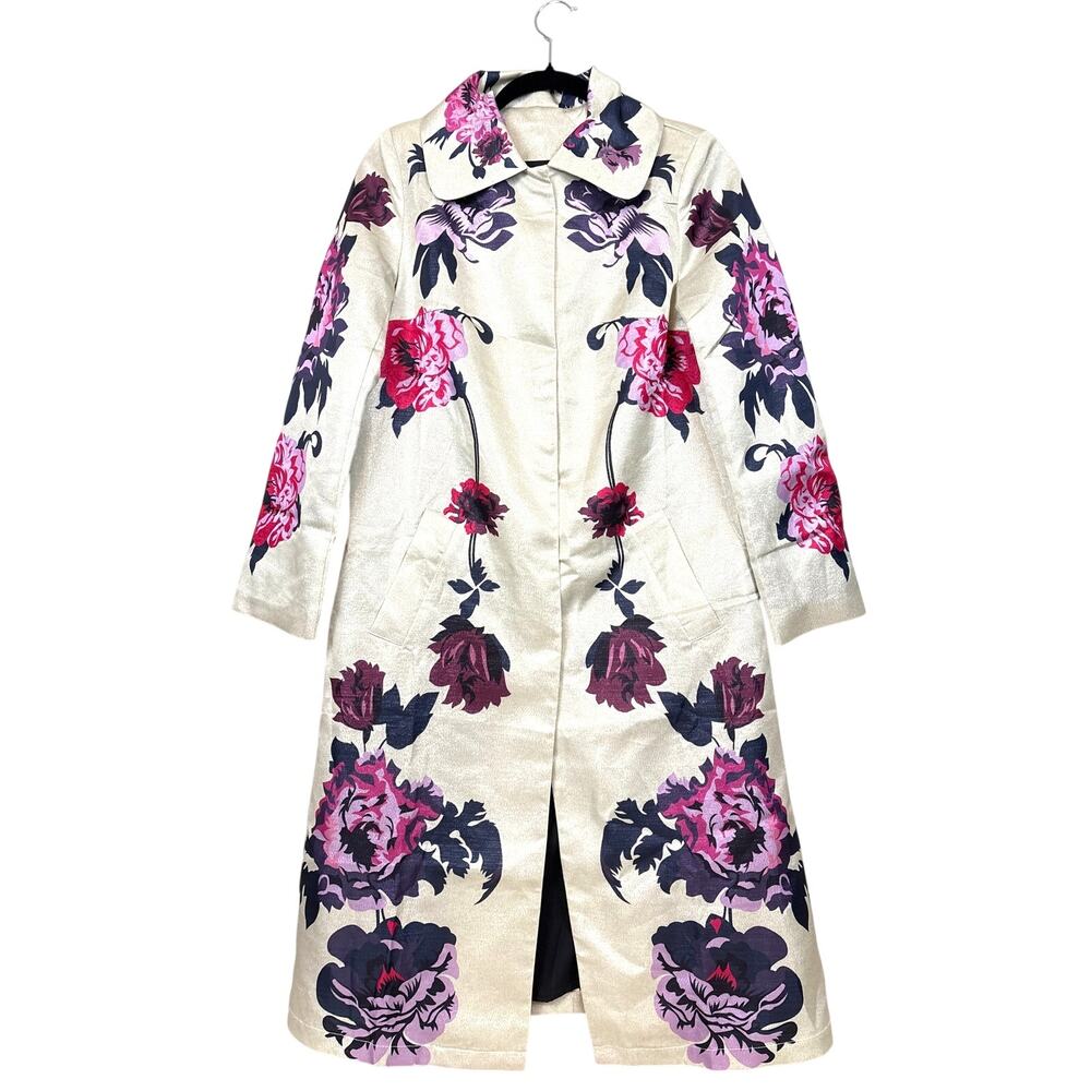 StyleWe Womens S Silver Multi Floral Long Jacket Overcoat Vibrant Trendy NWT